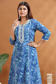 Blue Jaipuri Cotton Embroidered A Line Kurta and Pant Set