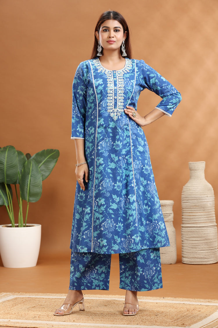 Blue Jaipuri Cotton Embroidered A Line Kurta and Pant Set