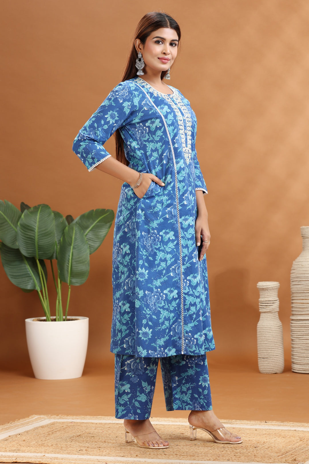 Blue Jaipuri Cotton Embroidered A Line Kurta and Pant Set
