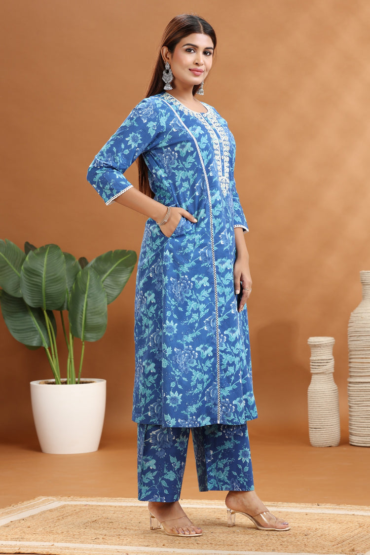 Blue Jaipuri Cotton Embroidered A Line Kurta and Pant Set