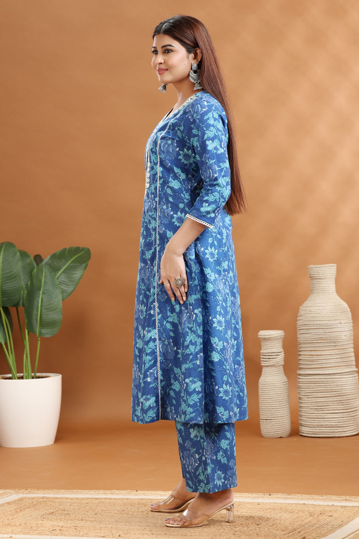 Blue Jaipuri Cotton Embroidered A Line Kurta and Pant Set