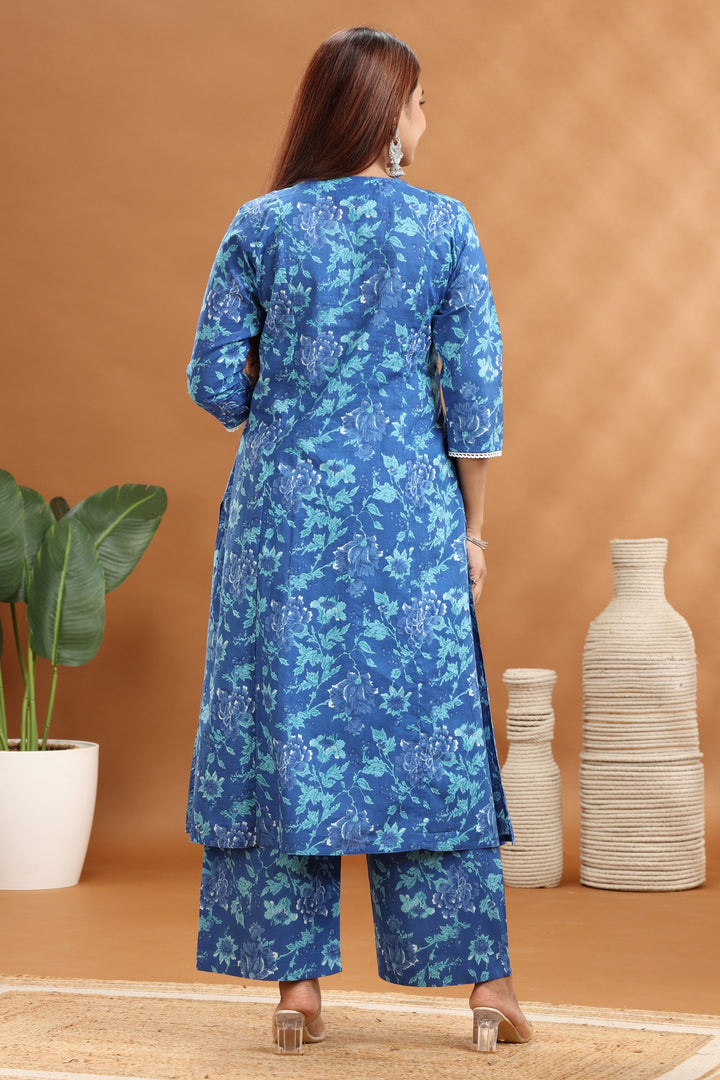 Blue Jaipuri Cotton Embroidered A Line Kurta and Pant Set