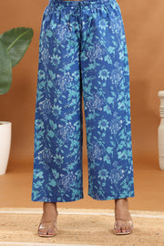 Blue Jaipuri Cotton Embroidered A Line Kurta and Pant Set