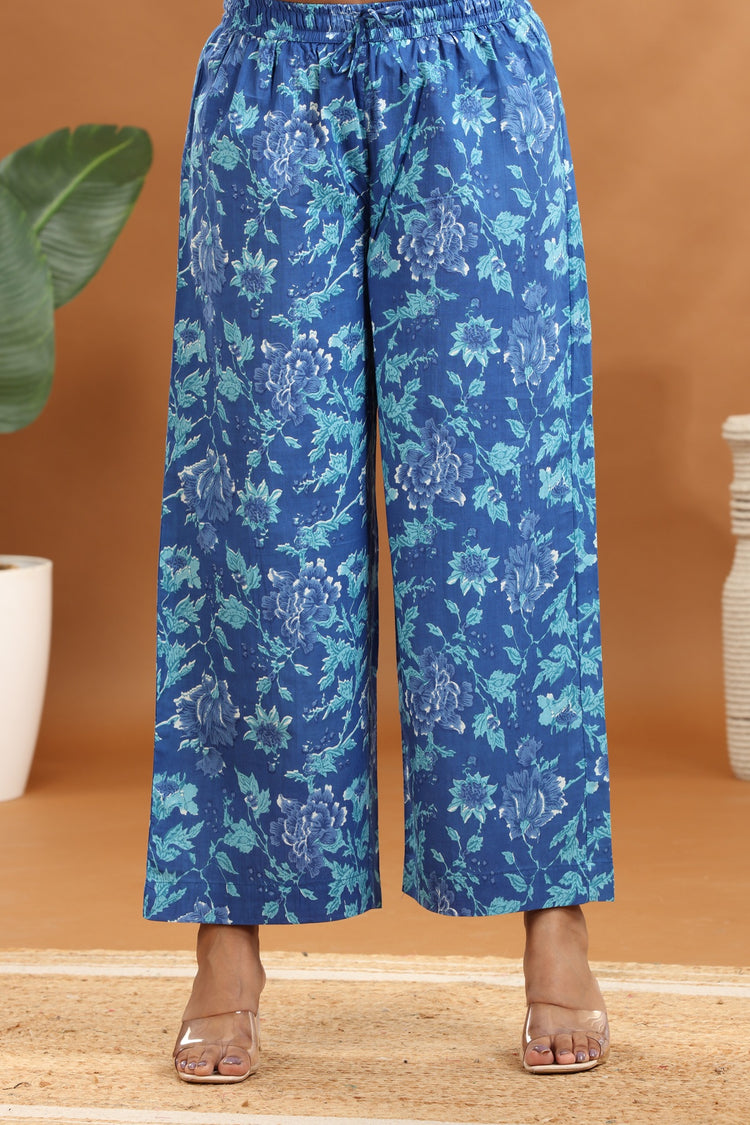 Blue Jaipuri Cotton Embroidered A Line Kurta and Pant Set