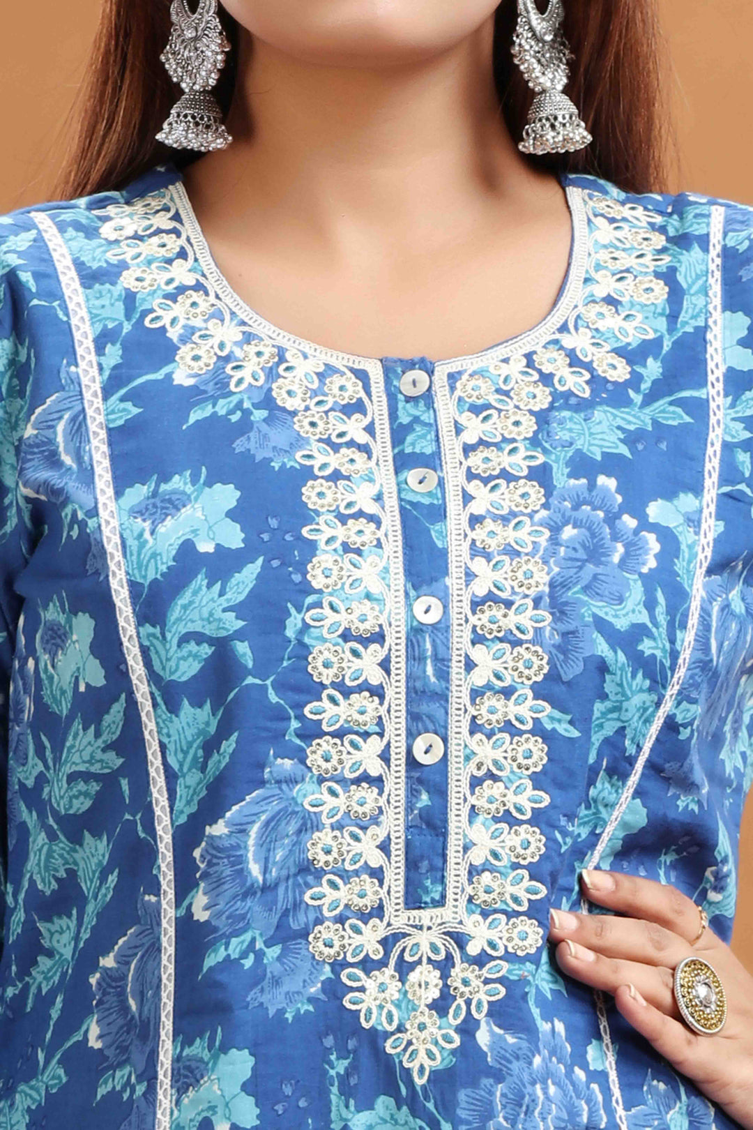 Blue Jaipuri Cotton Embroidered A Line Kurta and Pant Set