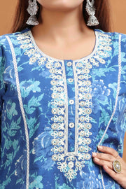 Blue Jaipuri Cotton Embroidered A Line Kurta and Pant Set