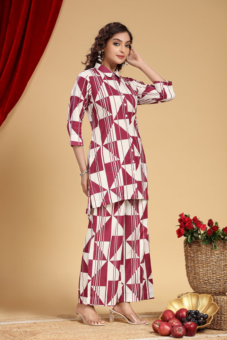 Off White & Purple Jaipuri Cotton Printed Kurta and Pant Set