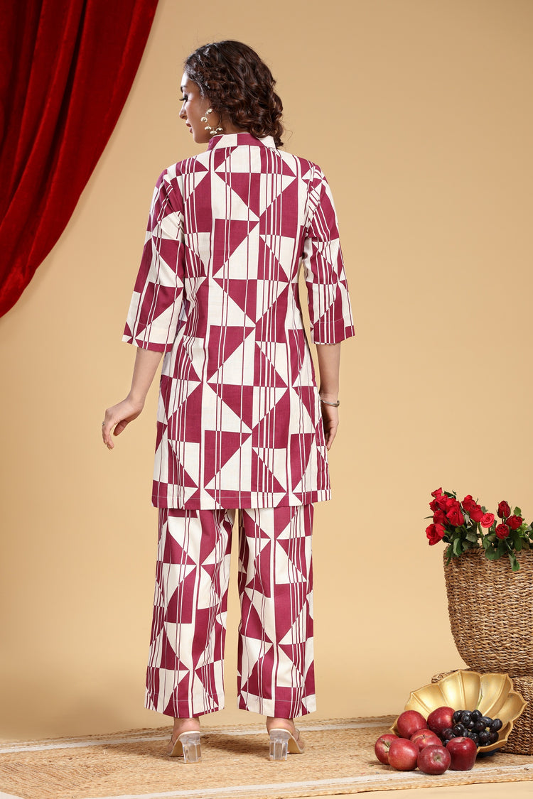 Off White & Purple Jaipuri Cotton Printed Kurta and Pant Set