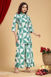 Off White & Green Jaipuri Cotton Printed Kurta and Pant Set