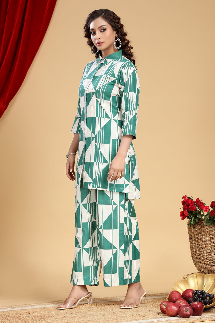 Off White & Green Jaipuri Cotton Printed Kurta and Pant Set