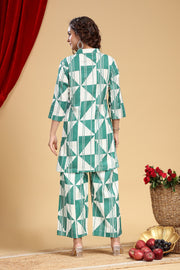 Off White & Green Jaipuri Cotton Printed Kurta and Pant Set