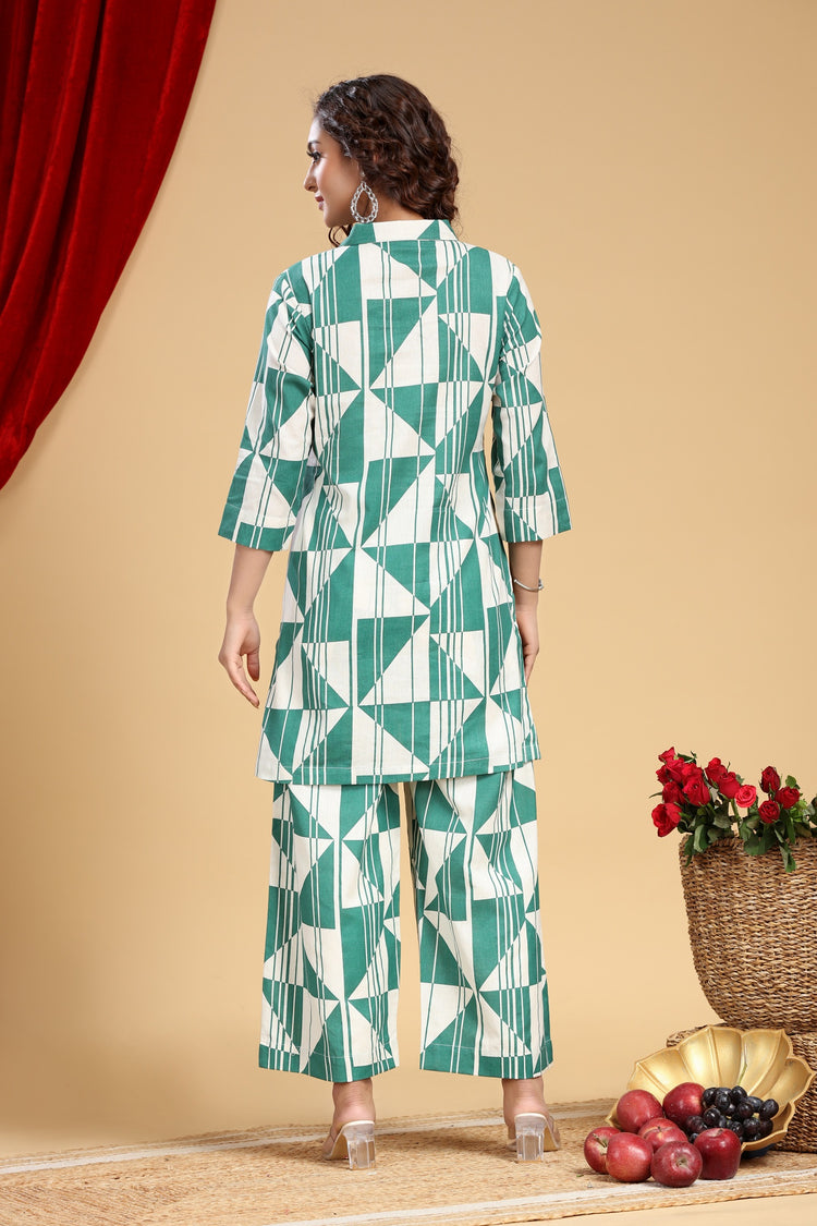 Off White & Green Jaipuri Cotton Printed Kurta and Pant Set