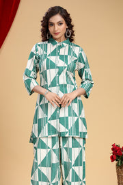 Off White & Green Jaipuri Cotton Printed Kurta and Pant Set