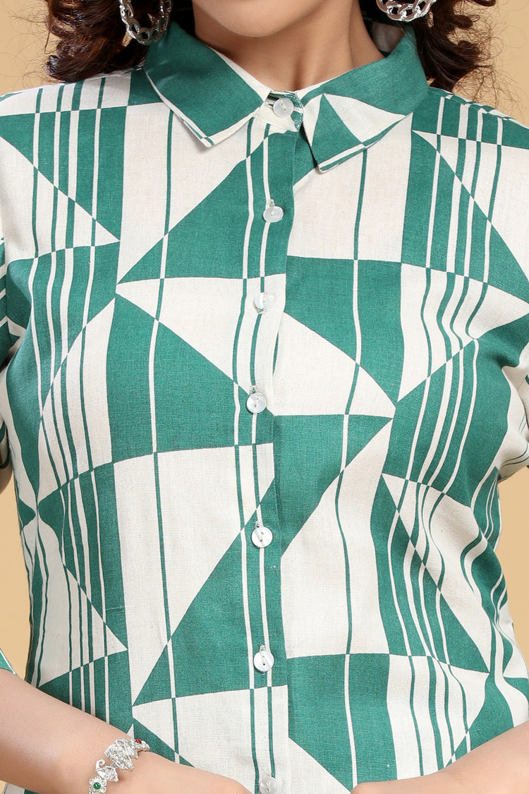 Off White & Green Jaipuri Cotton Printed Kurta and Pant Set