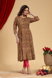 Mehendi Green Cotton A Line Printed Kurta