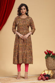 Mehendi Green Cotton A Line Printed Kurta