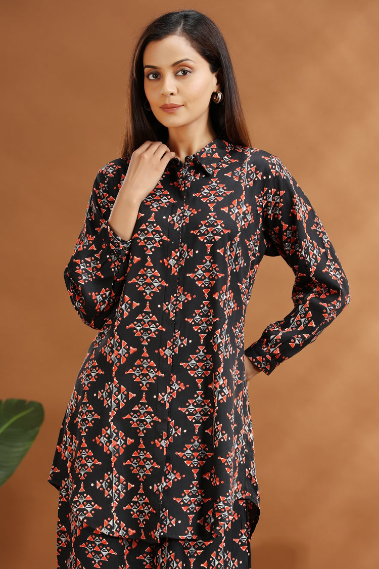 Black Rayon Straight Printed Kurta and Pant Set