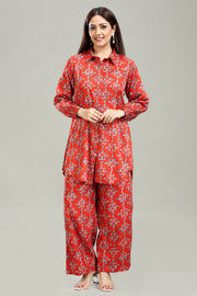 Coral Red Rayon Straight Printed Kurta Pant Co ord set