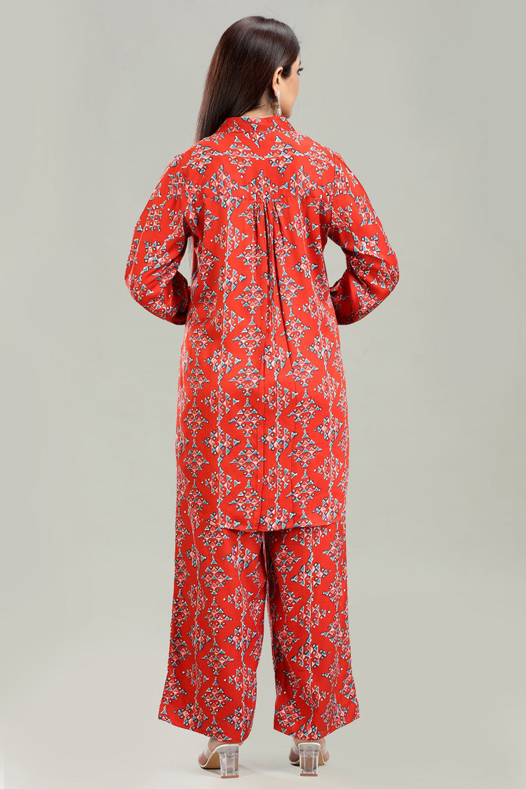 Coral Red Rayon Straight Printed Kurta Pant Co ord set