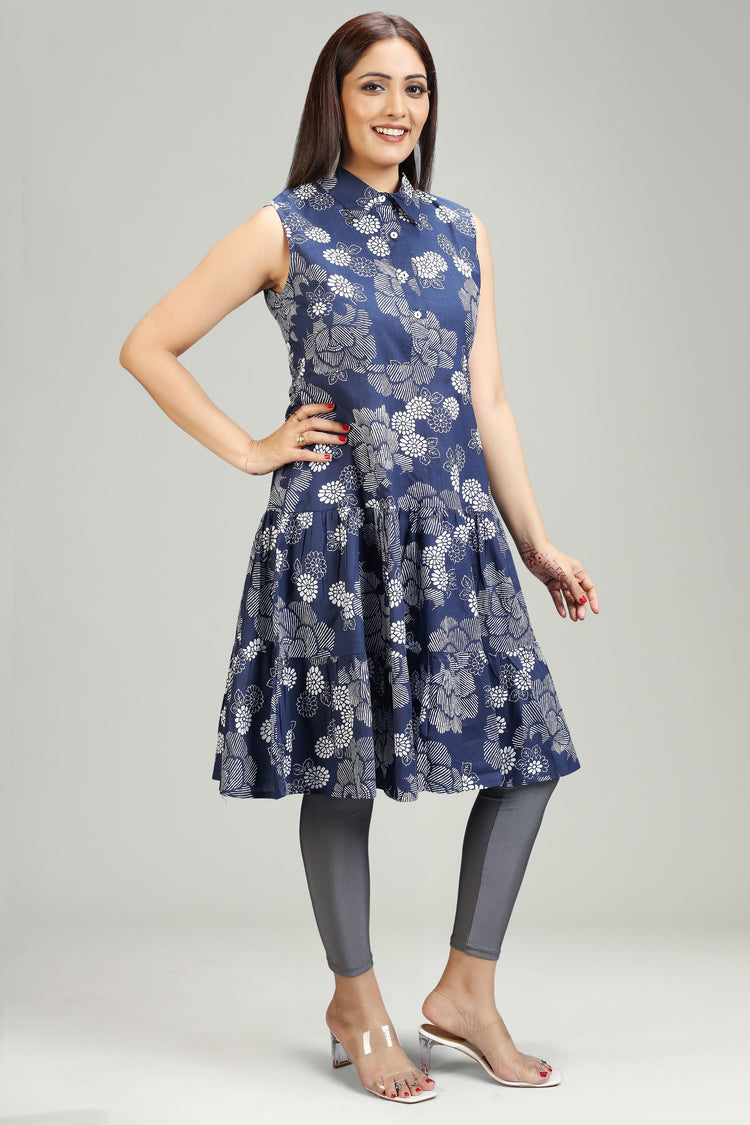 Navy Blue Jaipuri Cotton Flared Printed Kurta