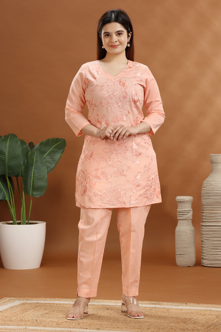Peach Flax Cotton Embroidered Kurta and Pant Set