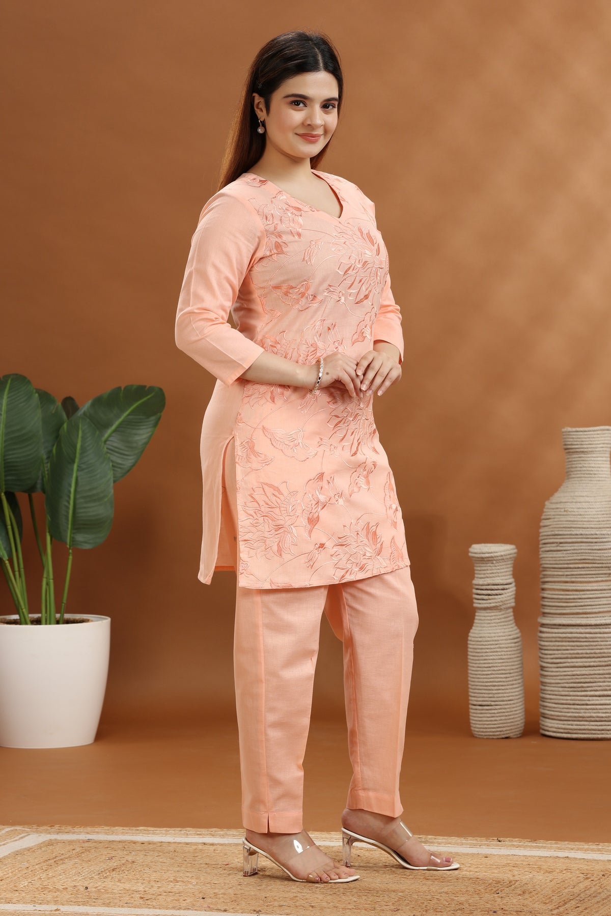 Peach Flax Cotton Embroidered Kurta and Pant Set