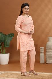 Peach Flax Cotton Embroidered Kurta and Pant Set