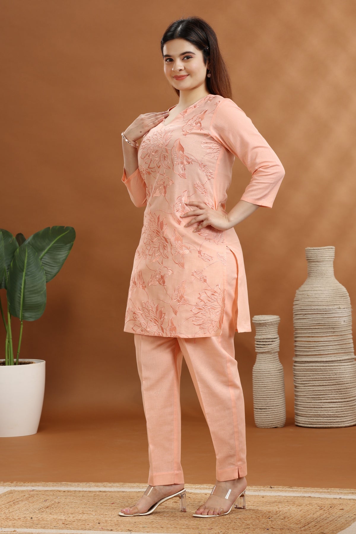 Peach Flax Cotton Embroidered Kurta and Pant Set