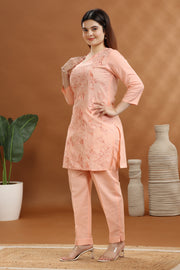 Peach Flax Cotton Embroidered Kurta and Pant Set