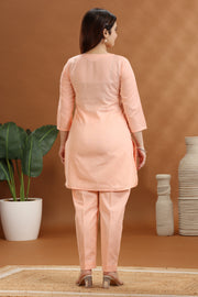 Peach Flax Cotton Embroidered Kurta and Pant Set