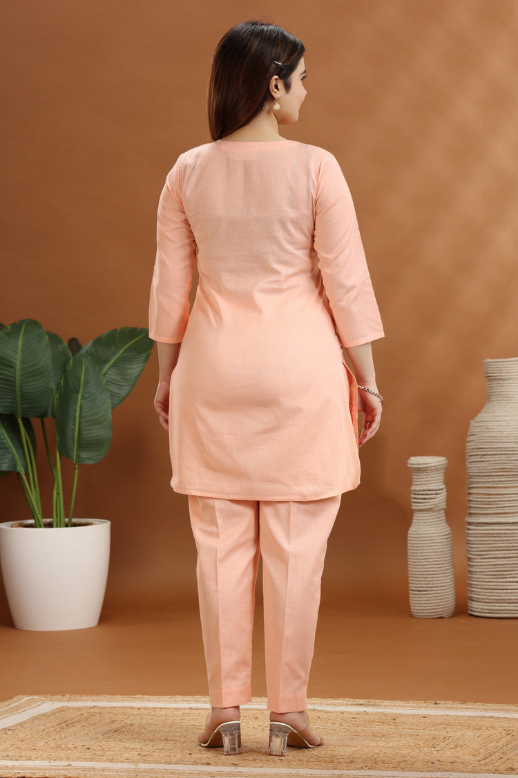 Peach Flax Cotton Embroidered Kurta and Pant Set