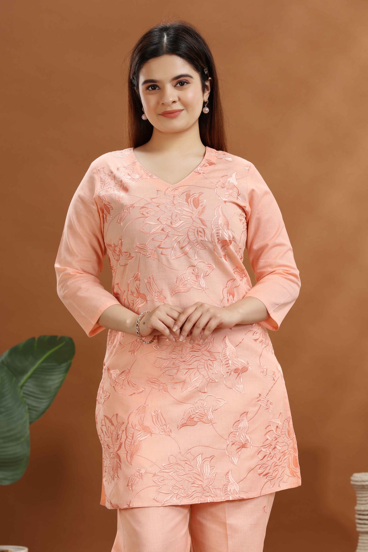 Peach Flax Cotton Embroidered Kurta and Pant Set