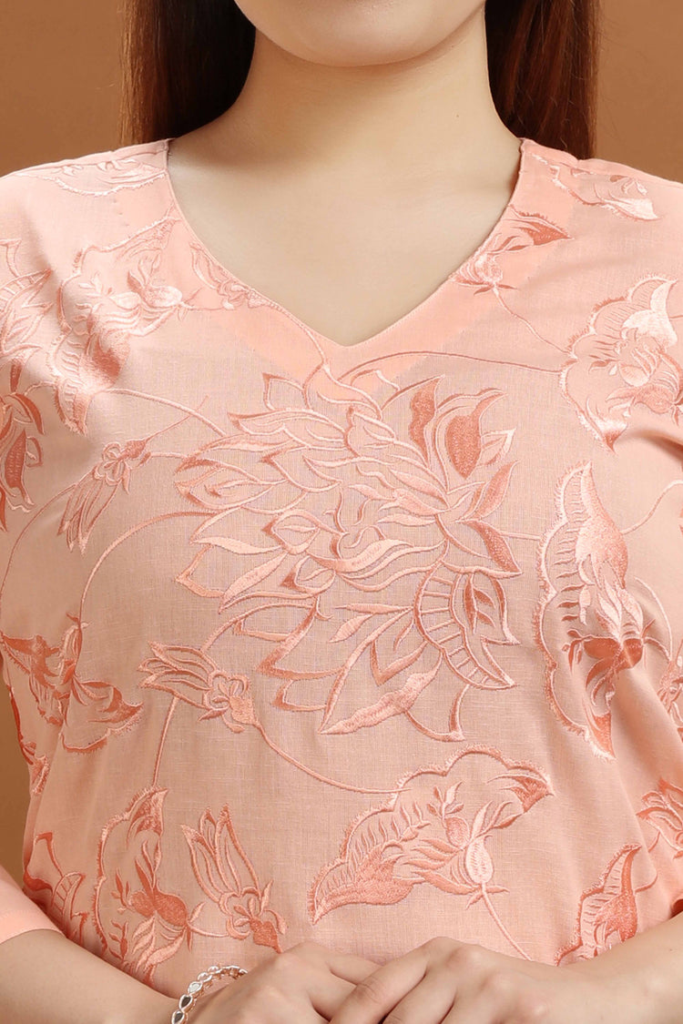 Peach Flax Cotton Embroidered Kurta and Pant Set