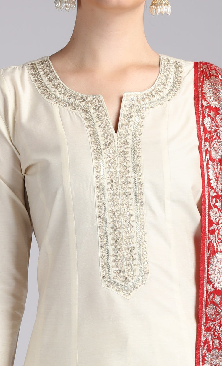 Cream PolySilk Embroidered A Line Kurta Pant and Dupatta Suit Set