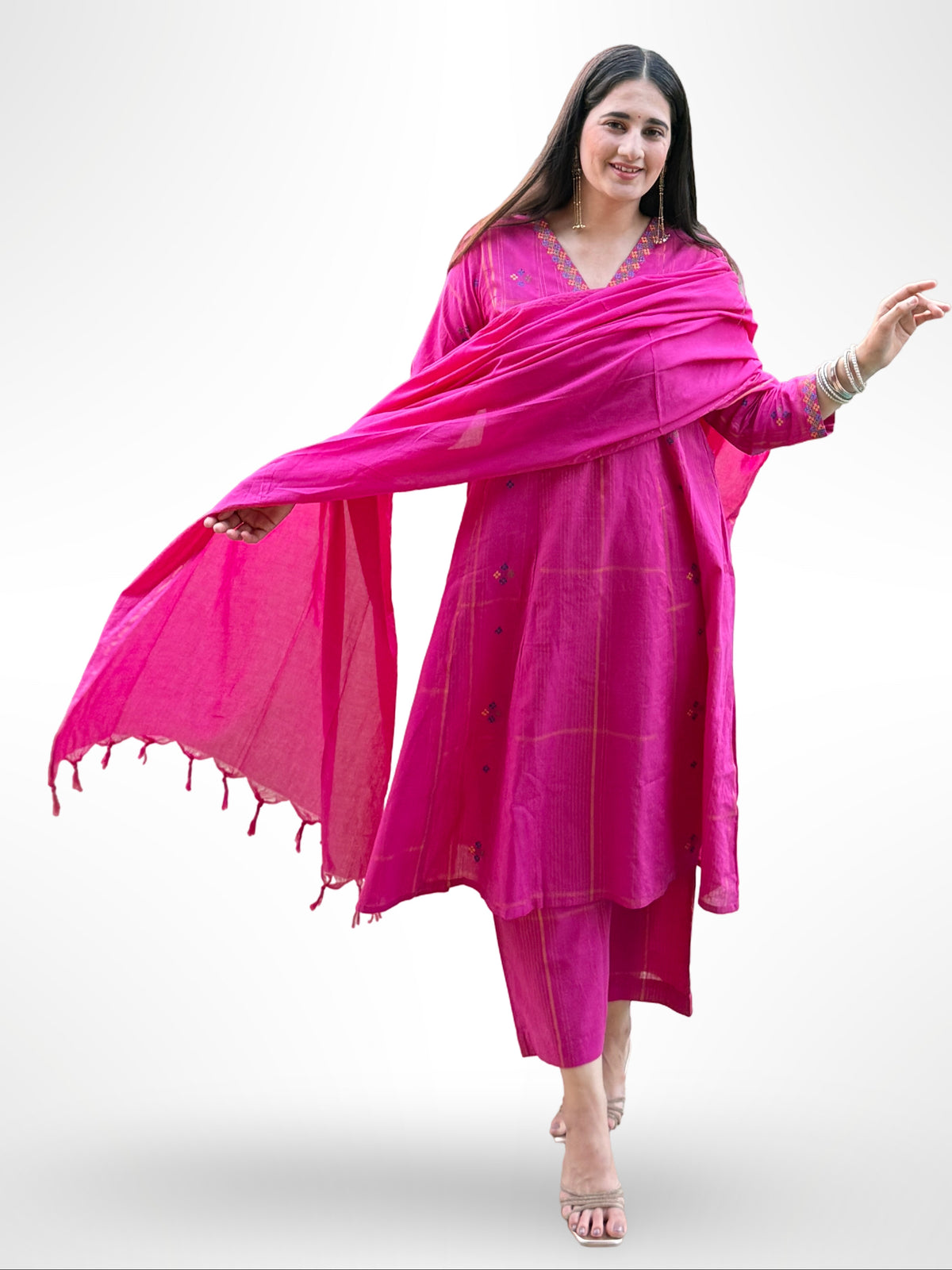 Pink Striped Embroidered A-Line Ethnic Set