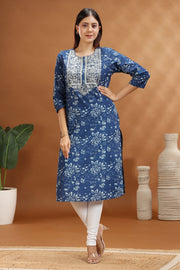Blue Jaipuri Cotton Straight Embroidered Kurta