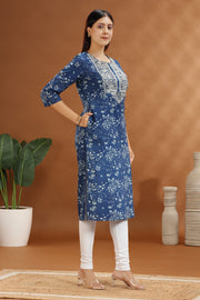Blue Jaipuri Cotton Straight Embroidered Kurta