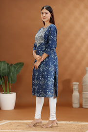 Blue Jaipuri Cotton Straight Embroidered Kurta