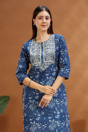 Blue Jaipuri Cotton Straight Embroidered Kurta