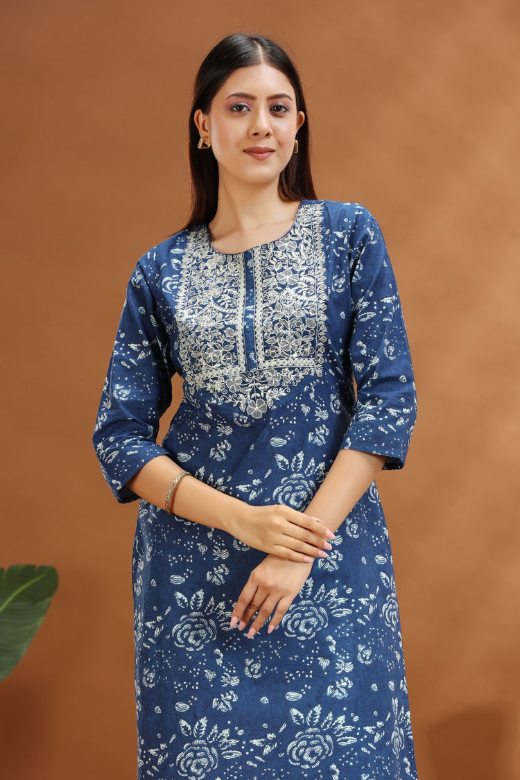 Blue Jaipuri Cotton Straight Embroidered Kurta