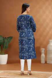 Blue Jaipuri Cotton Straight Embroidered Kurta
