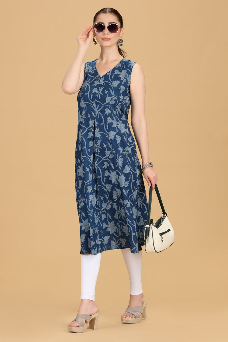 Indigo Blue Cotton Printed Sleeveless Kurta