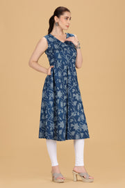 Indigo Blue Cotton Printed Sleeveless Kurta
