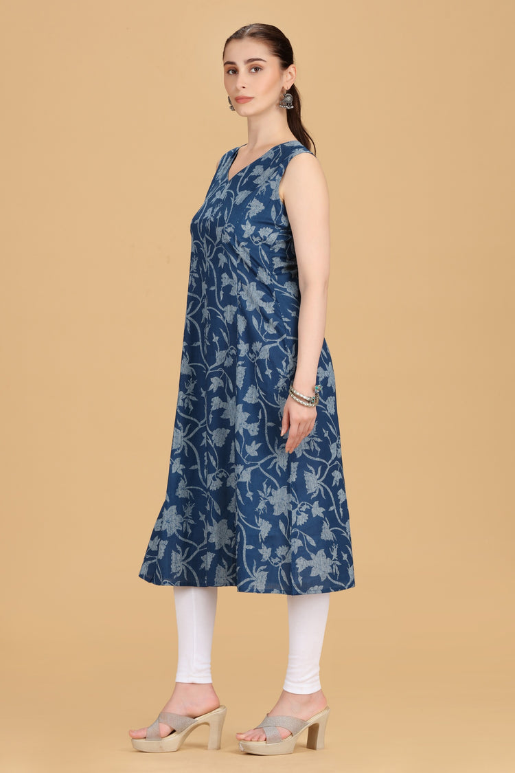 Indigo Blue Cotton Printed Sleeveless Kurta