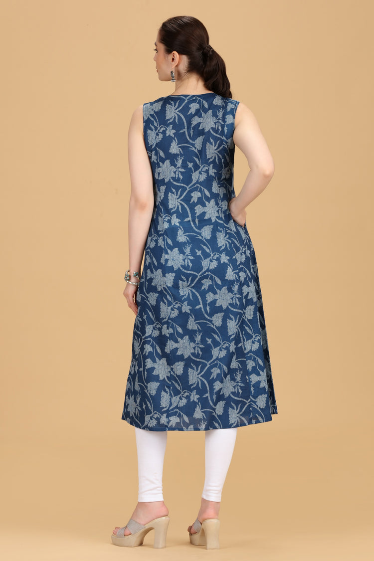 Indigo Blue Cotton Printed Sleeveless Kurta
