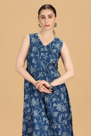 Indigo Blue Cotton Printed Sleeveless Kurta