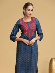 Blue Embroidered Cotton Straight Co-ord Set