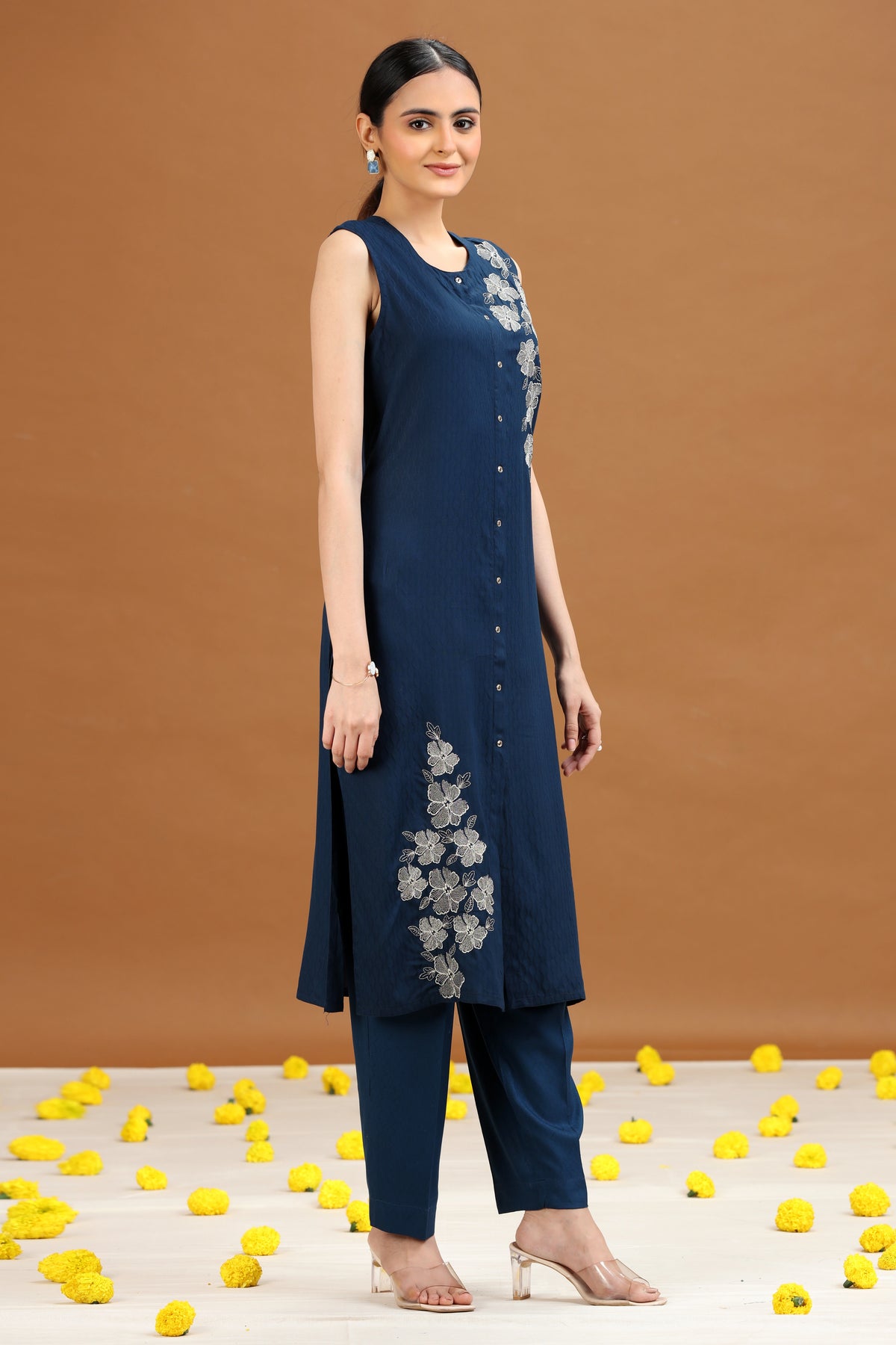 Indigo Blue Embroidered Straight Co ord Set