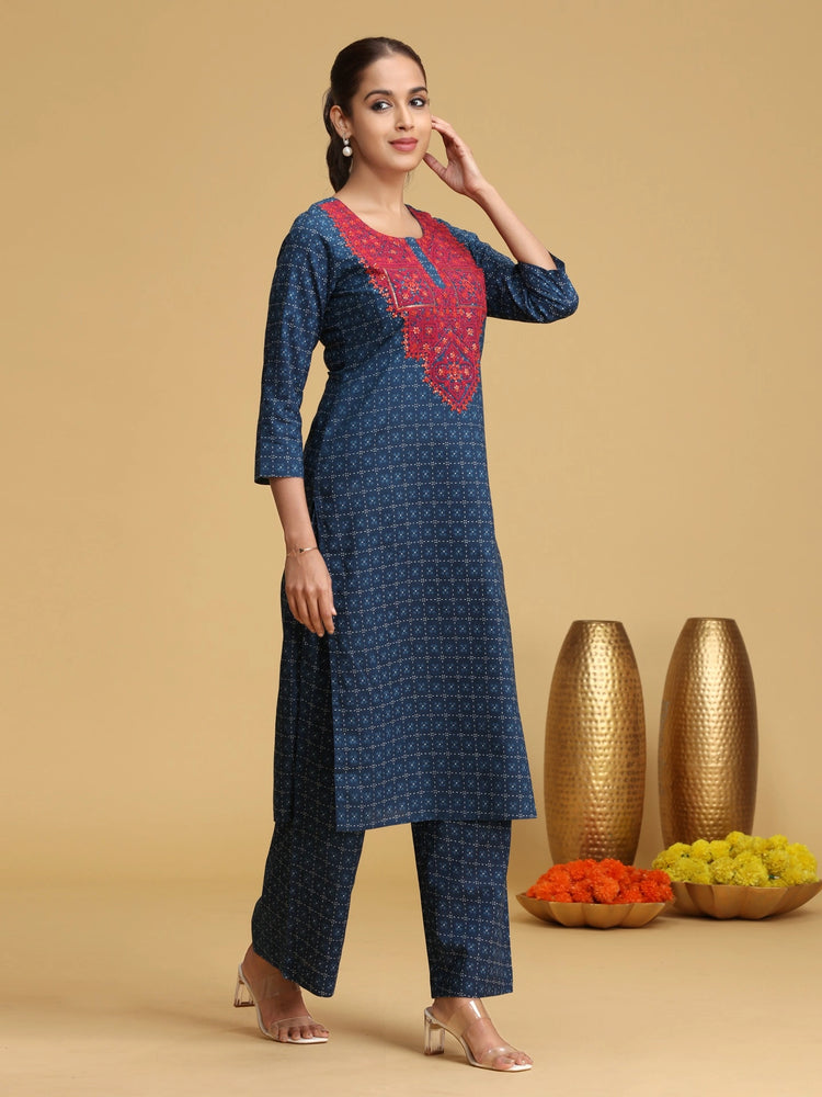 Blue Embroidered Cotton Straight Co-ord Set