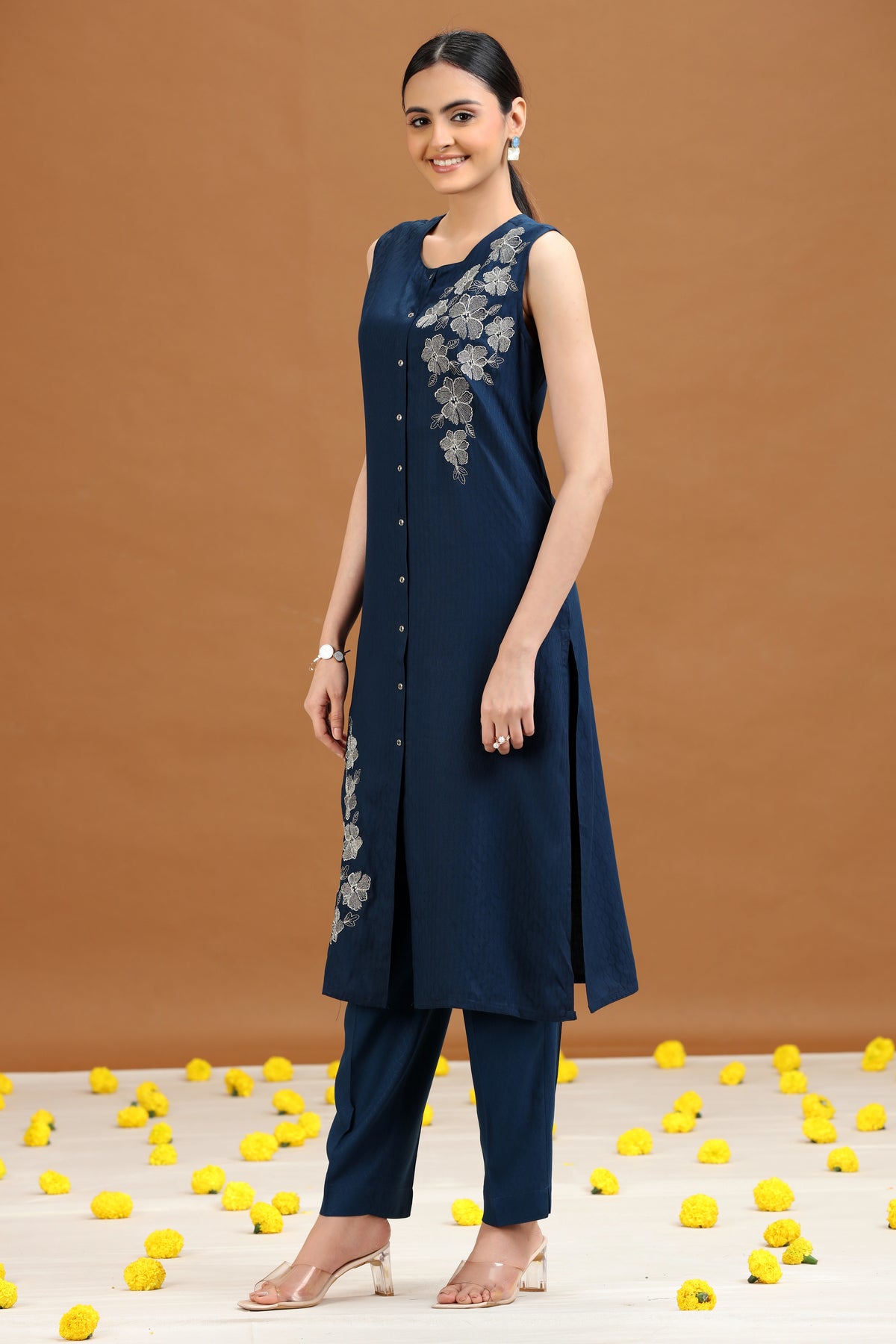 Indigo Blue Embroidered Straight Co ord Set
